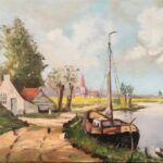 Handgeschilderd landschap met boten, molen en dorp aan het water door Gigi’s Schilderatelier.