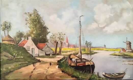 Handgeschilderd landschap met boten, molen en dorp aan het water door Gigi’s Schilderatelier.