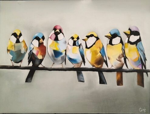 Handgeschilderd olieverfschilderij van kleurrijke vogels op een tak door Gigi’s Schilderatelier.
