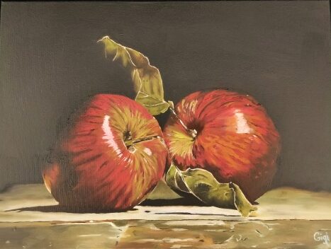 Handgeschilderd olieverfschilderij van twee rode appels op een donkere achtergrond door Gigi’s Schilderatelier.