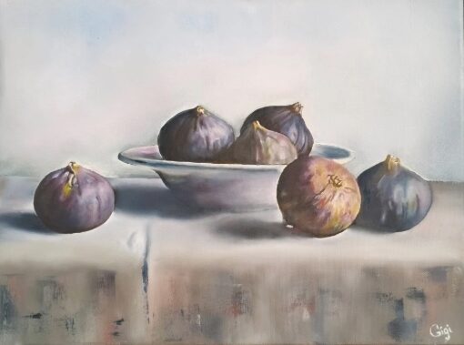 Handgeschilderd olieverfschilderij van een schaal met verse vijgen in zachte kleuren door Gigi’s Schilderatelier.