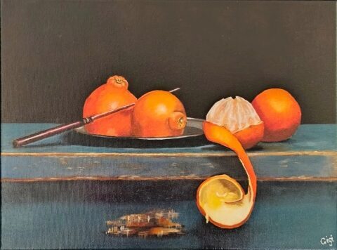 Handgeschilderd olieverfschilderij van mandarijnen op een donkere achtergrond door Gigi’s Schilderatelier.
